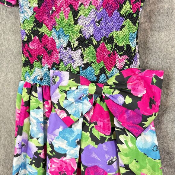80s Act I New York Floral Drop Waist Dress Shoulder Pads Big Bow 6 Smock Taffeta - Picture 2 of 12
